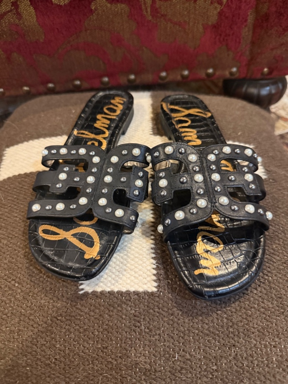 Sam Edelman Black and Gold Studded Slide Sandals